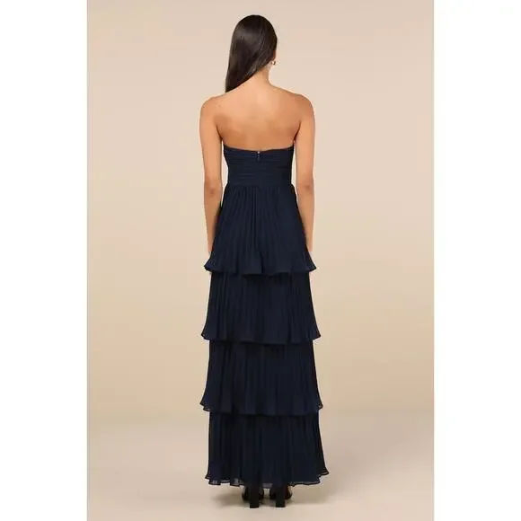 NWT Lulus Seriously Sensational Navy Blue Strapless Tiered Maxi Dress Gala Sz M - Picture 3 of 7